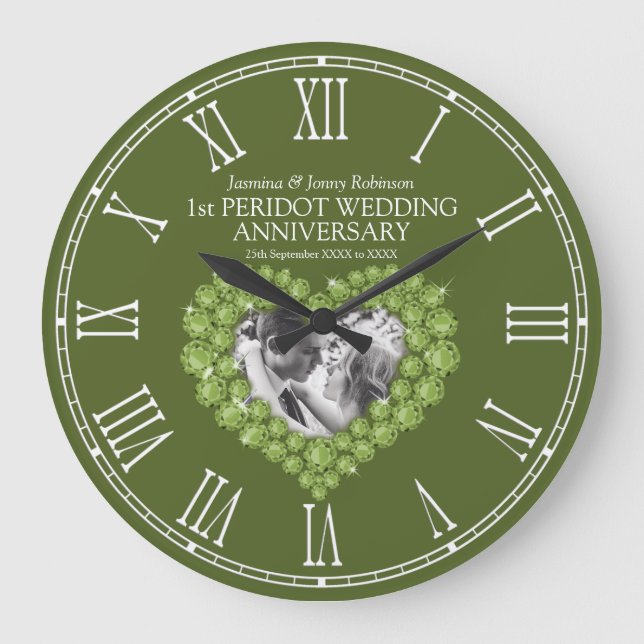 1st peridot wedding anniversary green photo heart  large clock (Front)