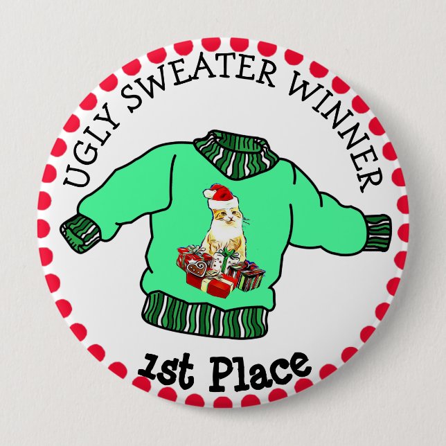 1st Place Ugly Sweater Winner Christmas Contest 4 Inch Round Button (Front)