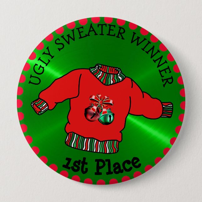 1st Place Ugly Sweater Winner Christmas Gold Medal 4 Inch Round Button (Front)
