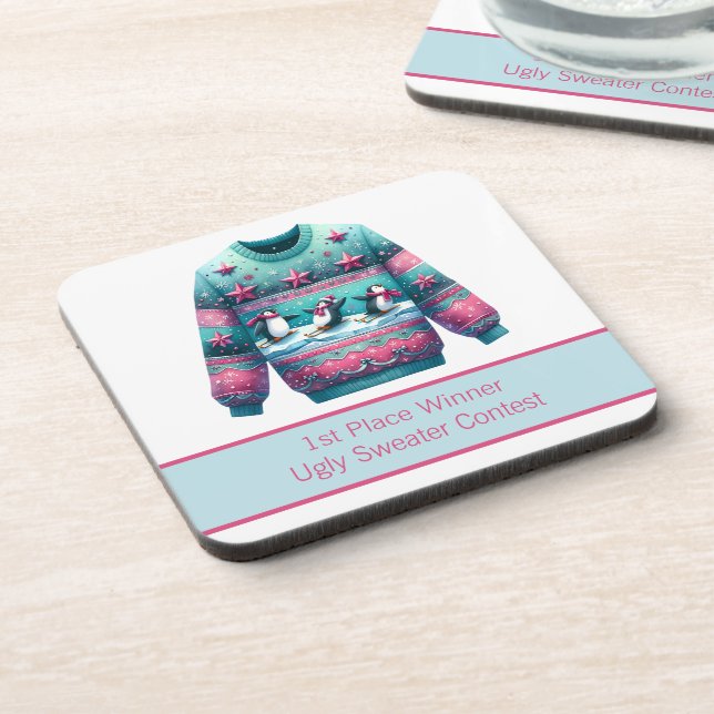 1st Place Winner Ugly Sweater Contest Pink Teal Coaster (Left Side)