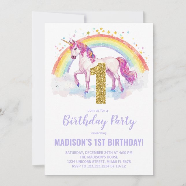 1st Rainbow Unicorn Birthday Invitations (Front)