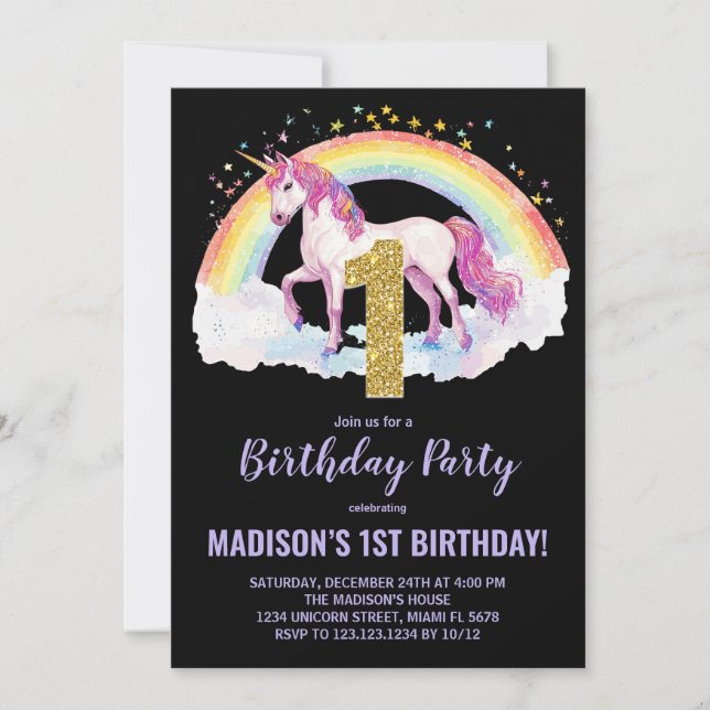 1st Rainbow Unicorn Birthday Invitations (Front)
