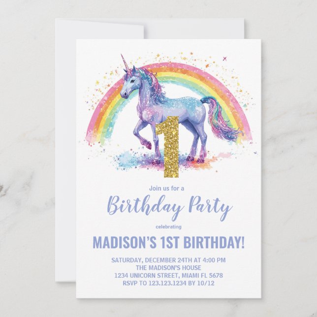1st Rainbow Unicorn Birthday Invitations (Front)