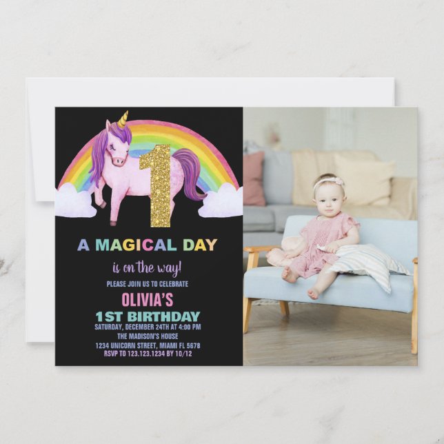 1st Rainbow Unicorn Birthday Invitations photo (Front)