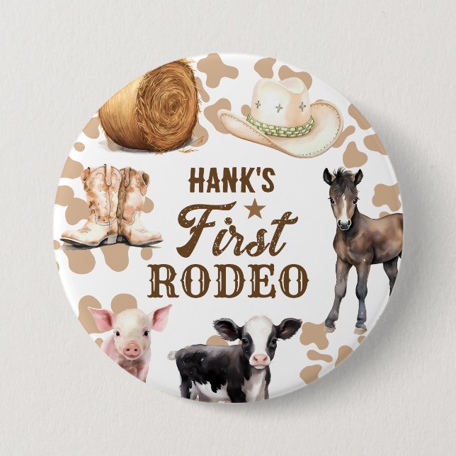 1st Rodeo Birthday Boy Western 3 Inch Round Button (Front)
