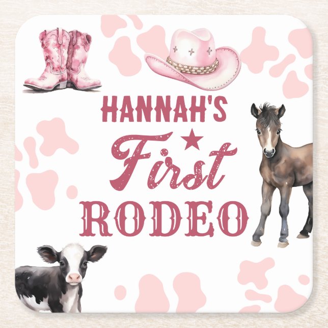 1st Rodeo Birthday Pink Paper Coaster (Front)