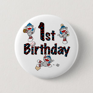 1st Sock Monkey Baseball Birthday 2 Inch Round Button