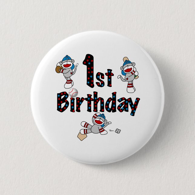 1st Sock Monkey Baseball Birthday 2 Inch Round Button (Front)
