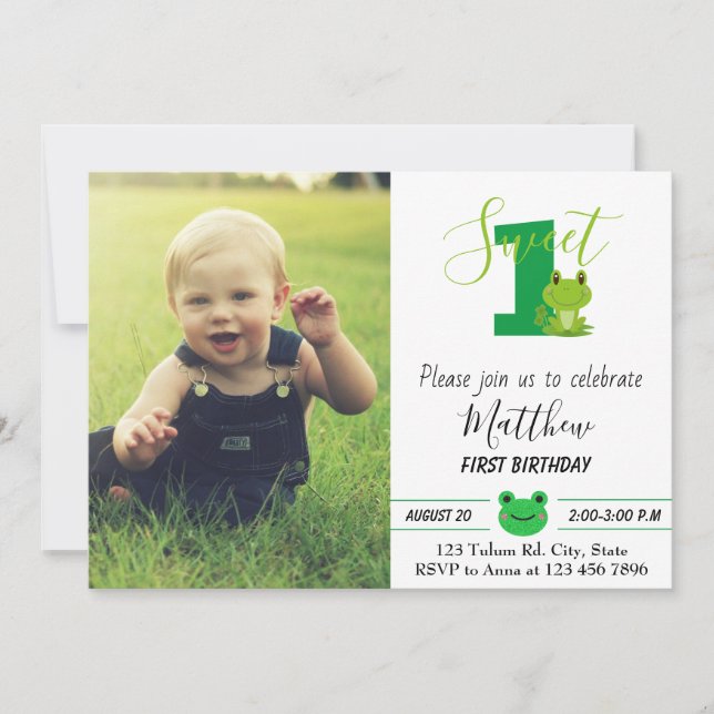 1st Sweet Frog Birthday Party Boy First Invitation (Front)