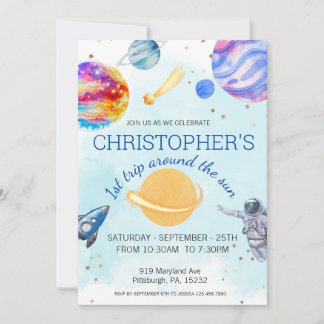 1st Trip Watercolor Outer Space 1st Birthday Boy  Invitation