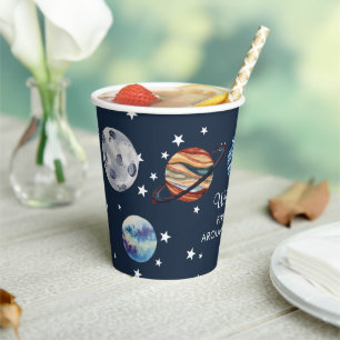 1st Trip Watercolor Outer Space Birthday Paper Cups
