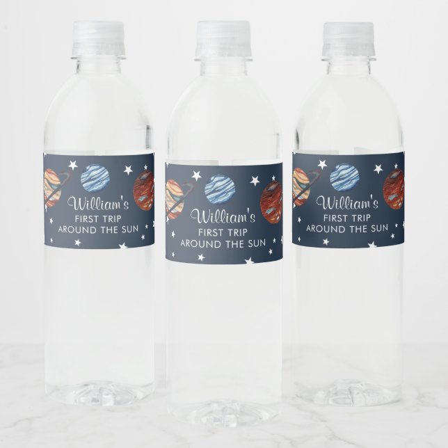 1st Trip Watercolor Outer Space Birthday Water Bottle Label (Bottles)