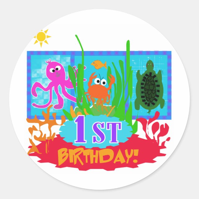 1st Undersea Adventure Birthday Tshirts Classic Round Sticker (Front)