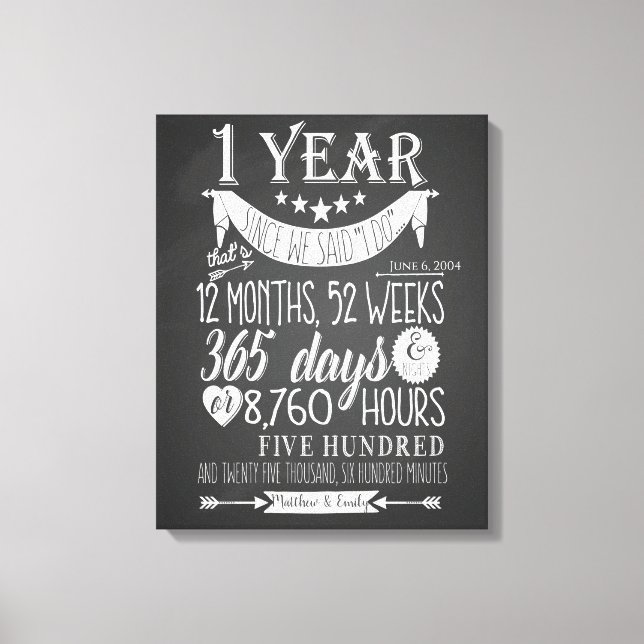 1st wedding anniversary, chalkboard 1 year married canvas print (Front)