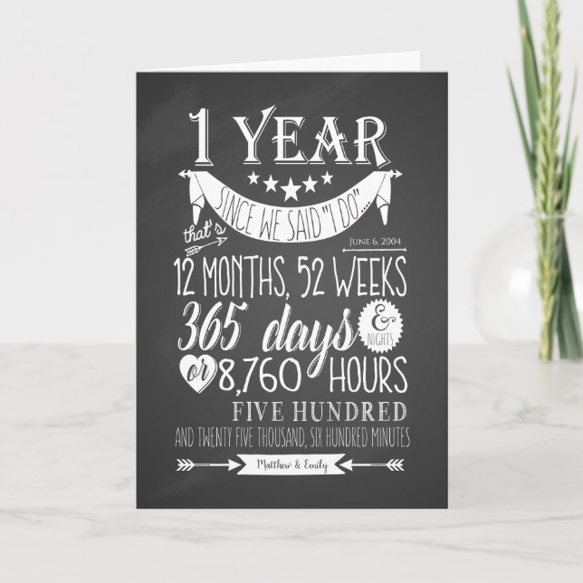 1st wedding anniversary, chalkboard 1 year married card (Front)