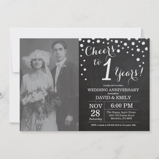 1st Wedding Anniversary Chalkboard Black Silver Invitation (Front)