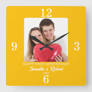 1st Wedding Anniversary Color Golden Yellow Photo Square Wall Clock
