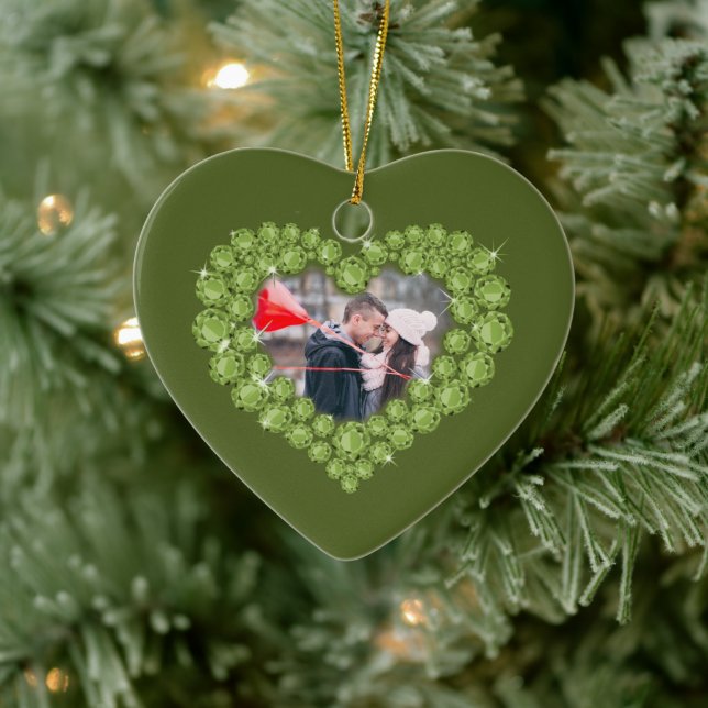 1st wedding anniversary custom photo heart green ceramic ornament (Tree)