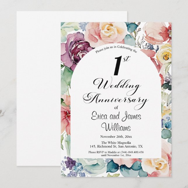 1st Wedding Anniversary Elegant Script Floral Invitation (Front/Back)
