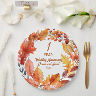 1st Wedding Anniversary Fall Floral  Paper Plate