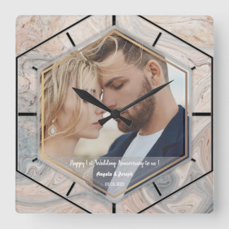 1st Wedding Anniversary fluid marble textured Square Wall Clock
