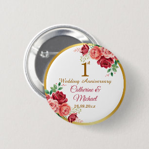 1st Wedding Anniversary Gold Frame Floral 2 Inch Round Button