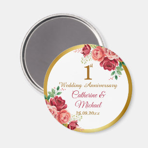 1st Wedding Anniversary Gold Frame Floral Magnet