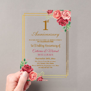 1st Wedding Anniversary Gold Frame Surprise Party Acrylic Invitations