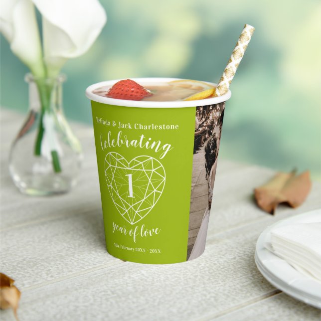1st Wedding Anniversary outline heart photo green Paper Cups (Insitu)