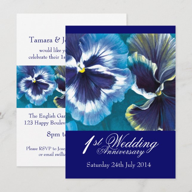 1st Wedding Anniversary Party Invitation blue (Front/Back)
