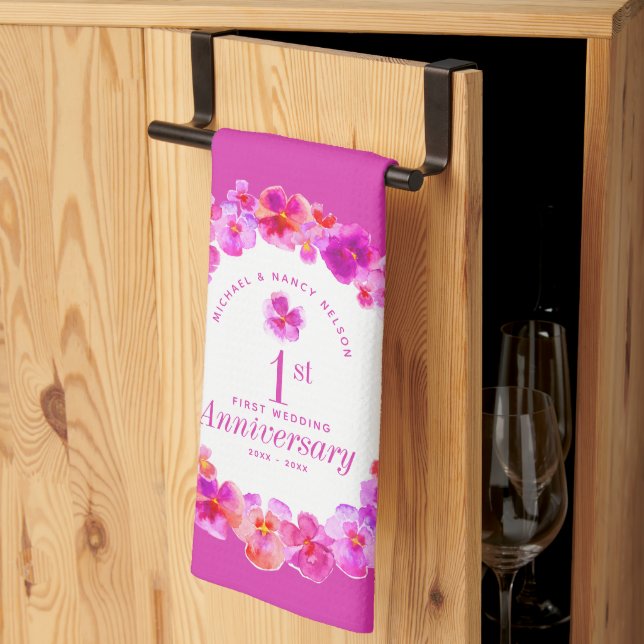1st wedding anniversary party pink pansy flower  kitchen towel (Thirds Fold)
