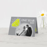 1st wedding anniversary peridot now then photo card<br><div class="desc">1st wedding anniversary now and then photo template card in grey, with peridot green and white sparkle. Featuring a graphic eternity ring with two photos of you and your partner now and then. Personalized with your own photos of your wedding day and a current photo on the inside then add...</div>