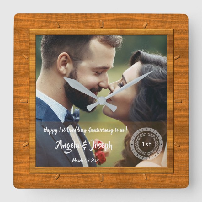 1st Wedding Anniversary Photo Wood Texture Clock (Front)