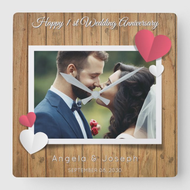 1st Wedding Anniversary  – Rustic Wood & Hearts Square Wall Clock (Front)
