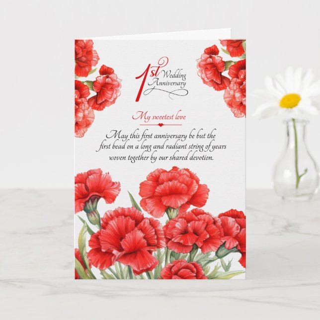 1st Wedding Anniversary Sentimental Red Carnations Card (Small Plant)