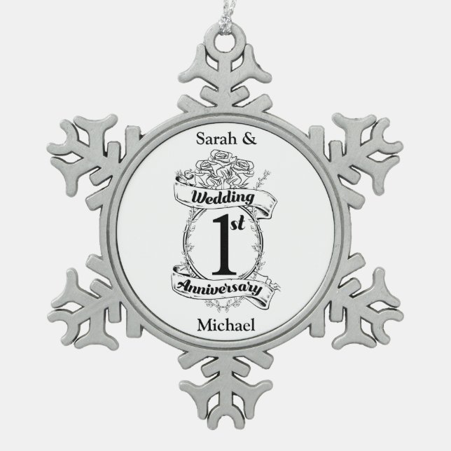 1st Wedding Anniversary Snowflake Pewter Christmas Ornament (Front)