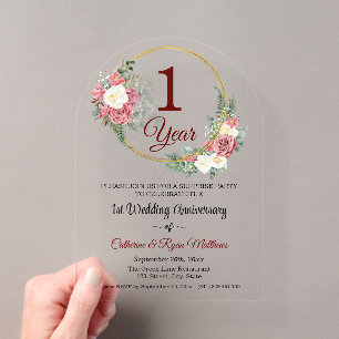 1st Wedding Anniversary Surprise Party Floral Acrylic Invitations
