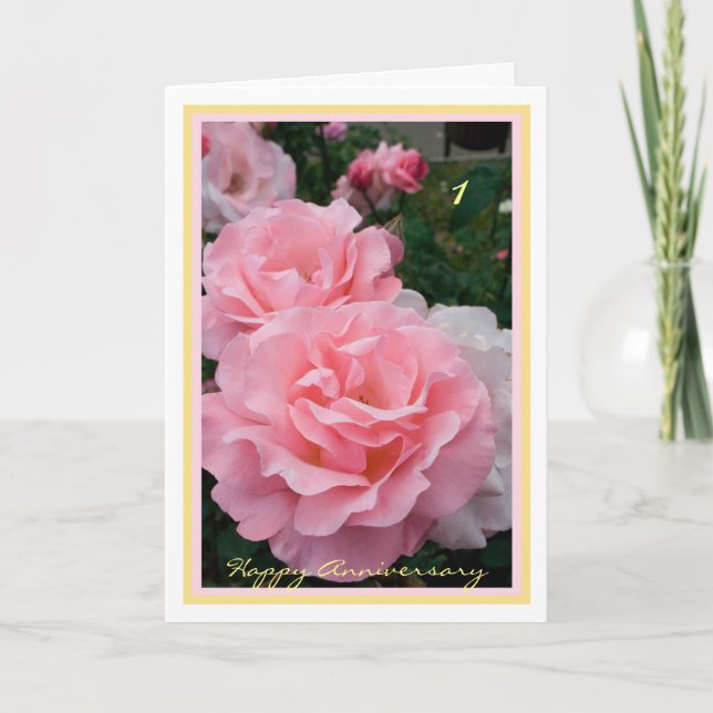 1st Wedding Anniversary Wishes Elegant Pink Roses Card (Front)