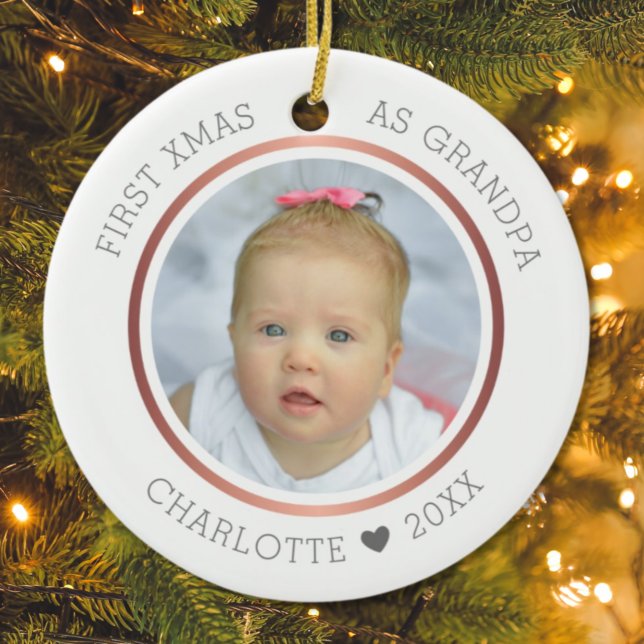 1st Xmas As Grandpa Modern Two Photo Ceramic Ornament (Creator Uploaded)