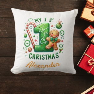 1st Xmas Candy Cane Gingerbread Photo Throw Pillow