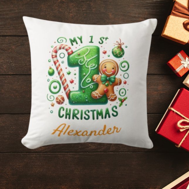 1st Xmas Candy Cane Gingerbread Photo  Throw Pillow (Creator Uploaded)