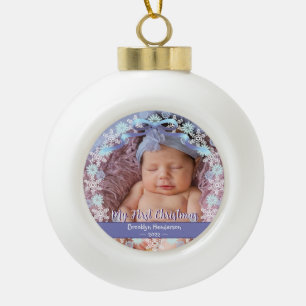 1st Xmas New Baby Photo Name Light Blue Purple Ceramic Ball Christmas Ornament