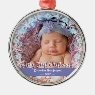 1st Xmas New Baby Photo Name Light Blue Purple Metal Ornament