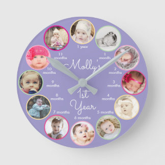 1st Year of Photos Girl Purple Nursery Round Clock