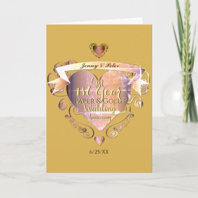 1st Year Wedding Anniversary Paper and Gold Heart Card (Front)