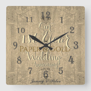 1st Year Wedding Anniversary Paper&Gold Square Wal Wall Clock