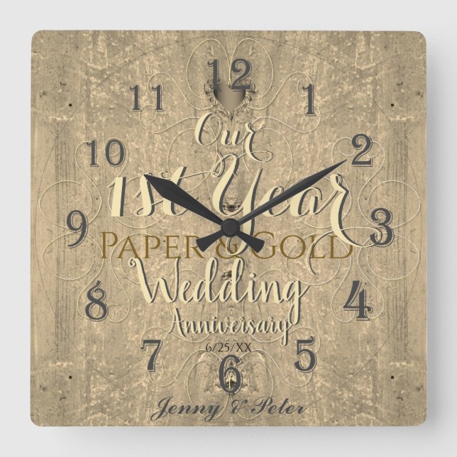 1st Year Wedding Anniversary Paper&Gold Square Wal Wall Clock (Front)