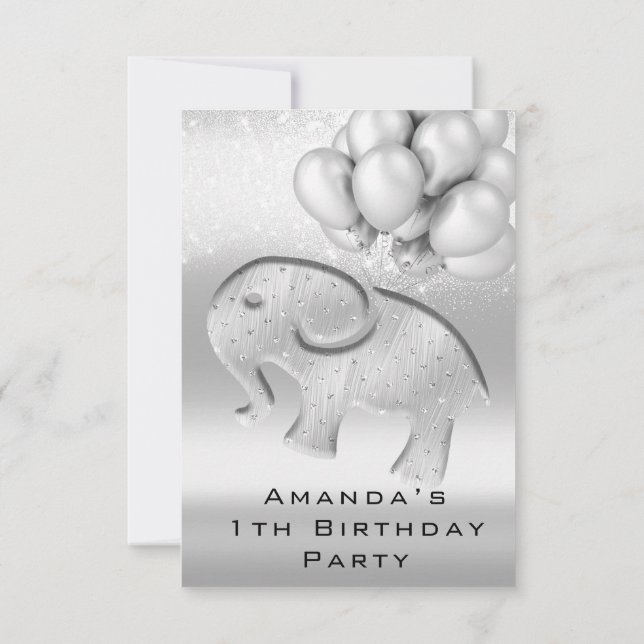 1th Birthday Baby Shower Grey Elephant Ballons Invitation (Back)