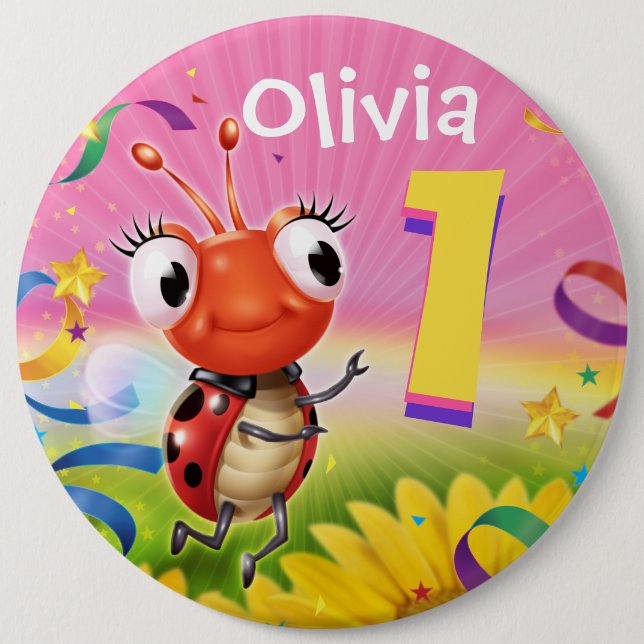 1yr Custom birthday badge Little Ladybug range 6 Inch Round Button (Front)