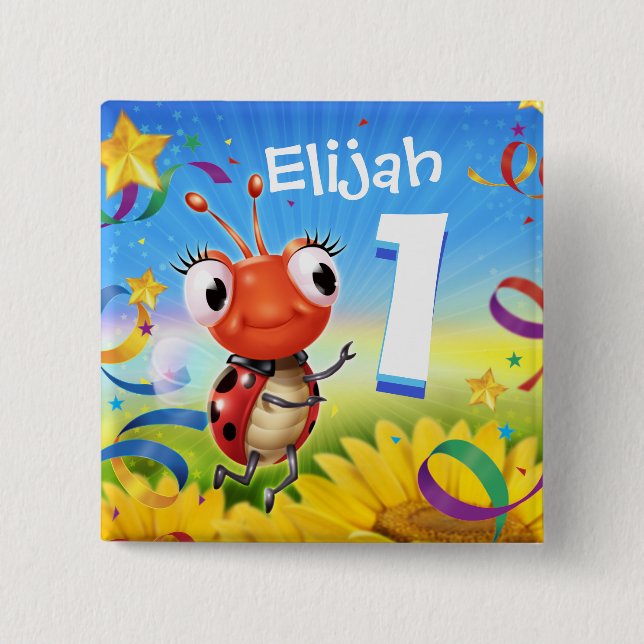 1yr old Custom birthday badge Little Ladybug range 2 Inch Square Button (Front)